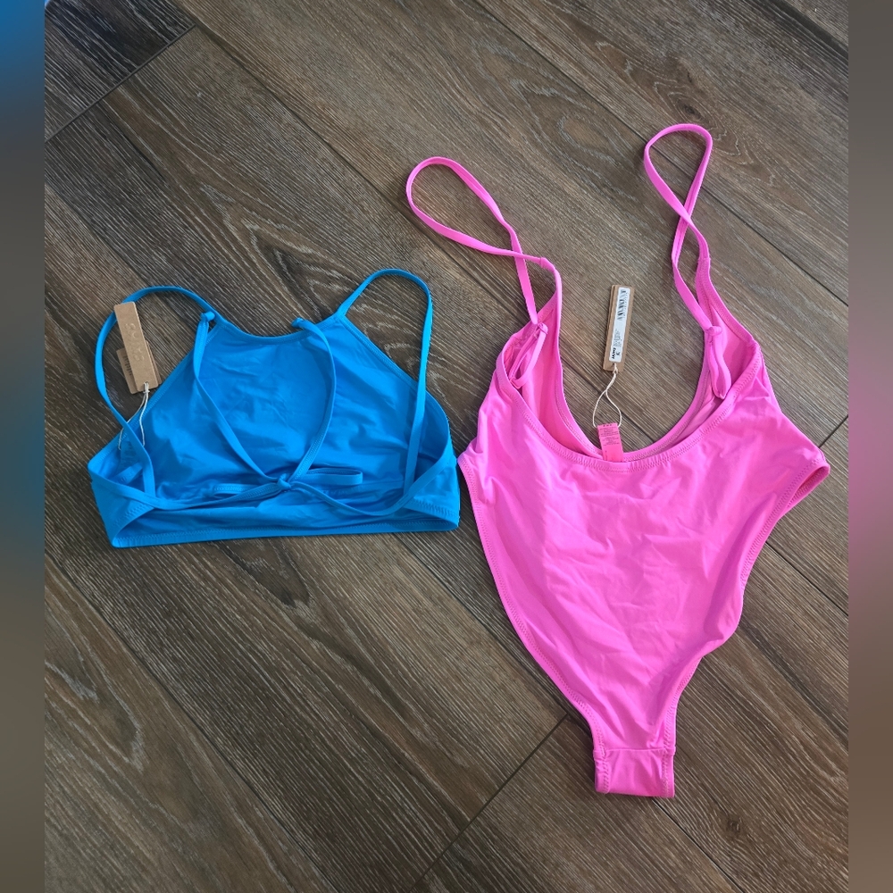 SKIMS Hot Pink One-Piece & Bright Blue Bikini Top Swim Set - Picture 4 of 4